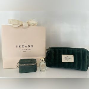 Beautiful green velour makeup bag with Travel Size Eau de Toilette Sezane